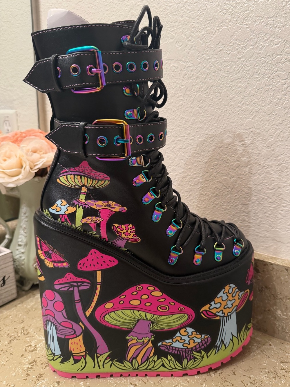 Dolls Kill Psychedelic Fairytale Double Stack Traitor Boots